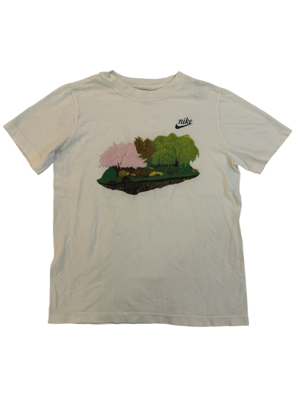 Nike White Tee with Pink Blossom and Green Park Graphic